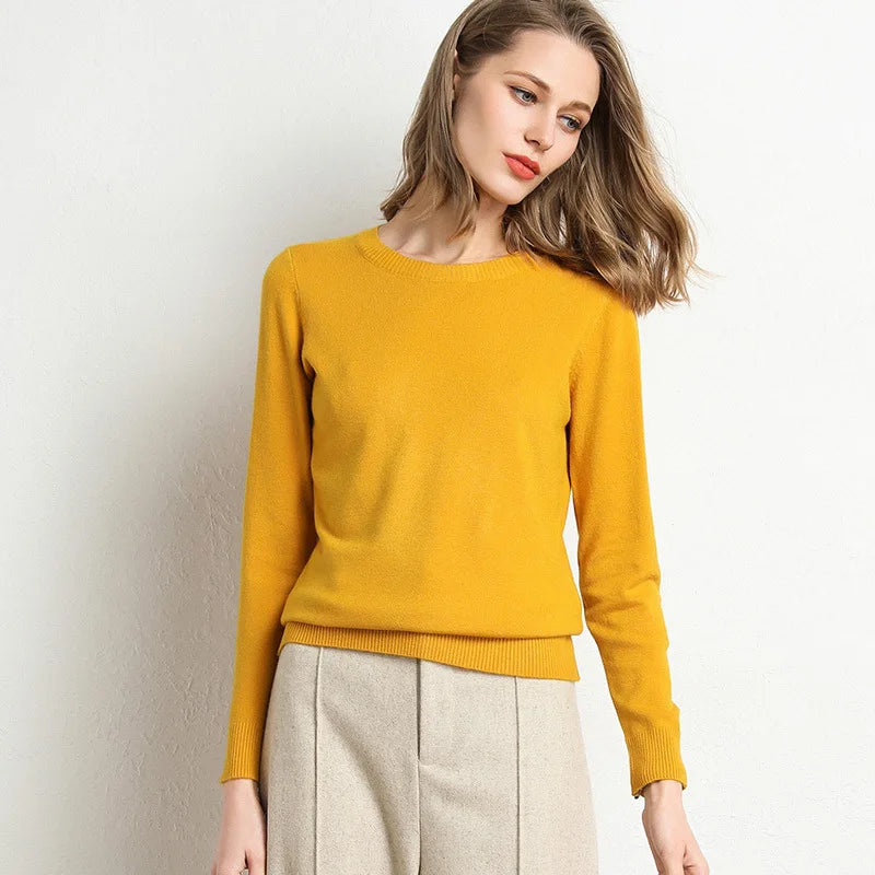 Women Slim O-Neck Pullover Cashmere Wool Blending Sweater Autumn And Winter Long-Sleeved Knit Bottoming Shirt Large Size 2024