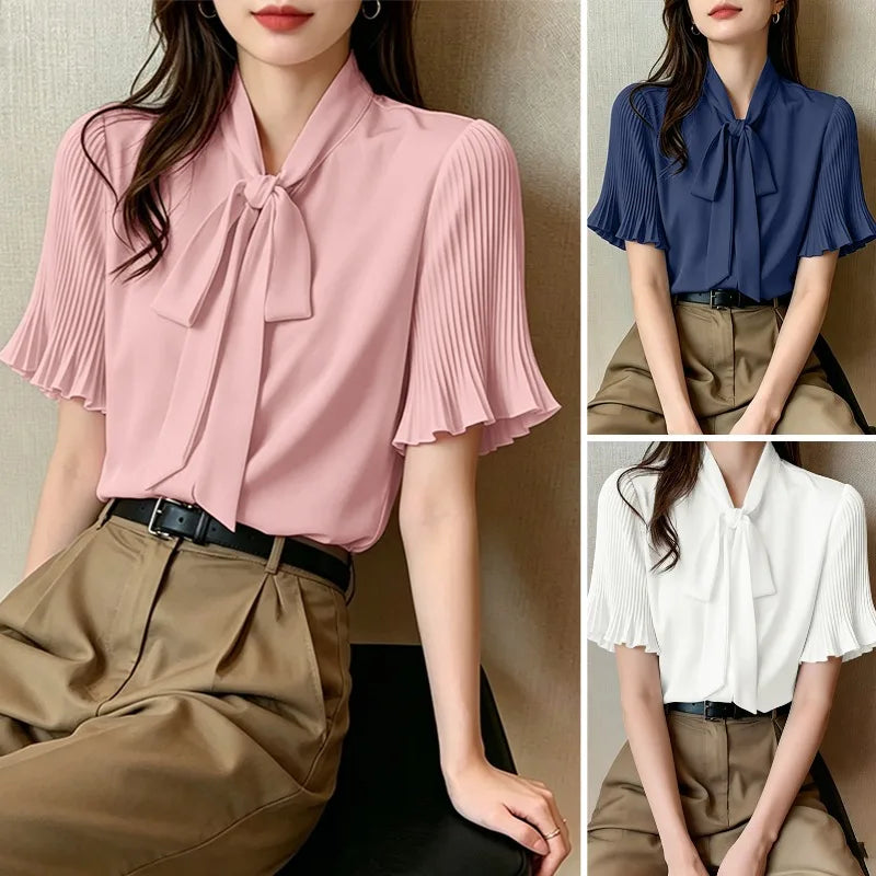 2026 ZANZEA Elegant Summer Blouse Women Stand Neck Short Sleeve Tops Stylish Solid OL Work Shirt Casual Lace-Up Holiday Tunic
