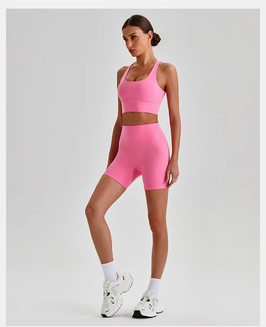 Buttery Soft Nylon Yoga Set Crisscross Back Sports Bra High Waist Biker Shorts 2 Piece Gym Set Workout Outfit Women Activewear