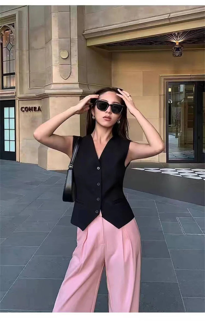 Spring Summer Korean Fashion Vest 2025 New Women Short Fashion V-neck Sleeveless Casual Blazer Waistcoat Coats Female Tops