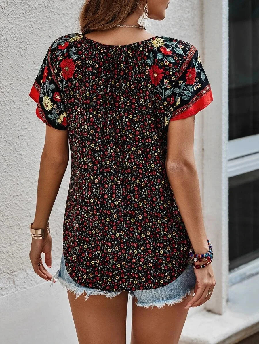 Summer Floral Print Blouses For Women Fashion V Neck Short Sleeve Boho Beach Casual Tops Female Elegant Shirt New Womenes