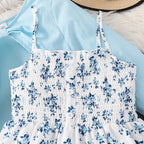 Kid Girl Long Sleeve Bow Design Coat & Beige All Print Shirred-Bodice Sling Dress Set Cute Sweet Elegant Princess Dress For Kids