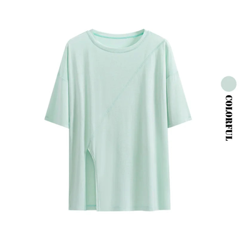 DRUR Women Thin Summer Yoga Shirts Loose Fit Breathable Workout Tops with Side Slits Lightweight Running Sport Tee Athletic Wear
