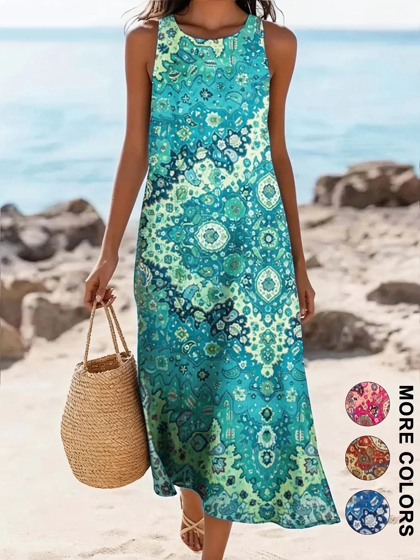2026 Women's sleeveless Bohemian floral casual beach MIDI sundress with pockets flowing and loose Sweetheart Rustic Country Secondary image
