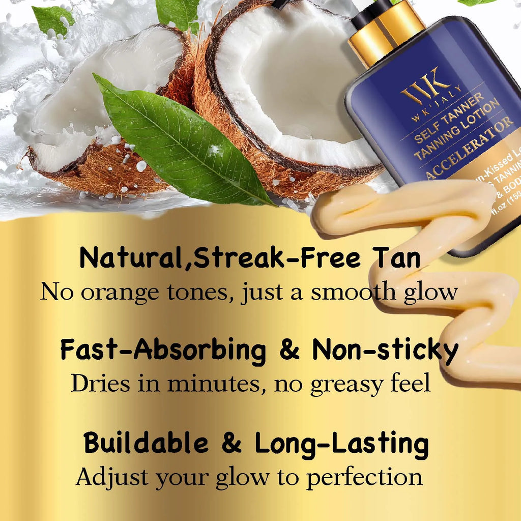WK JALY Self Tanner Body Lotion, Fair To Medium Skin Tone, Sunless Tanning Moisturizer With Coconut Oil, Carrot Oil, Shea Butter