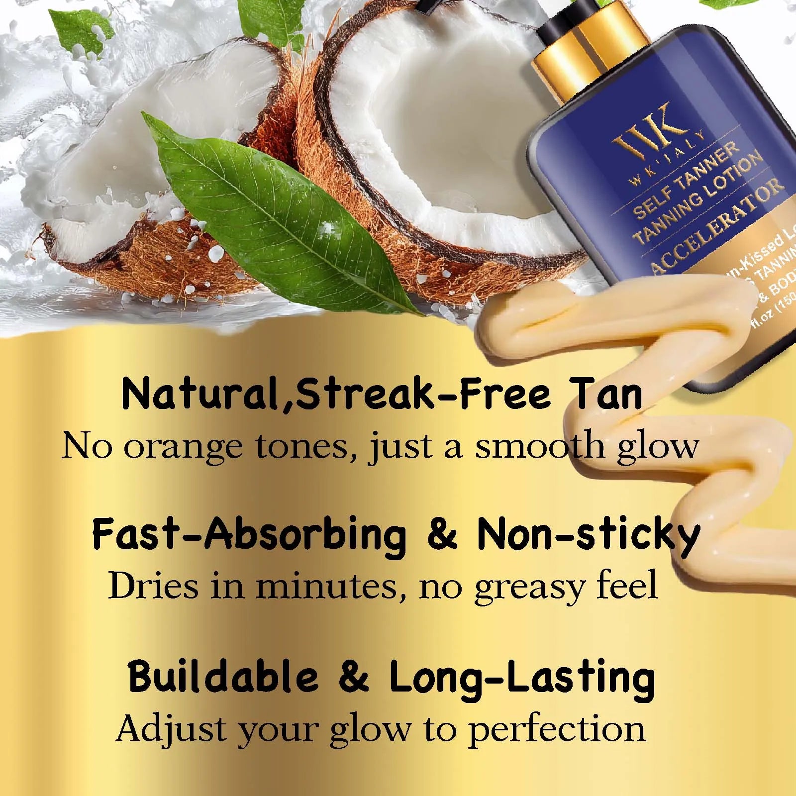 WK JALY Self Tanner Body Lotion, Fair To Medium Skin Tone, Sunless Tanning Moisturizer With Coconut Oil, Carrot Oil, Shea Butter
