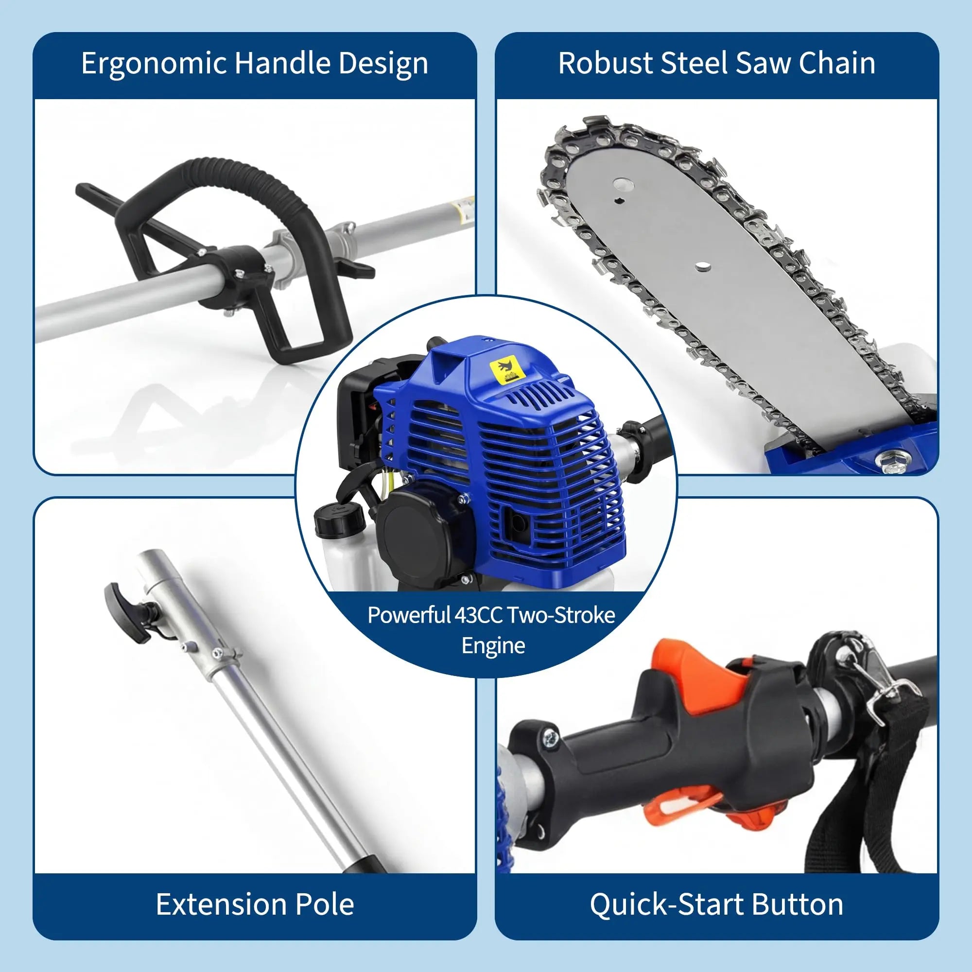 43CC 52CC Petrol Pole Saw 30cm Cutting Bar Long Reach Chainsaw Extendable 2.9m Tree Pruner Garden Power Tool With Shoulder Strap
