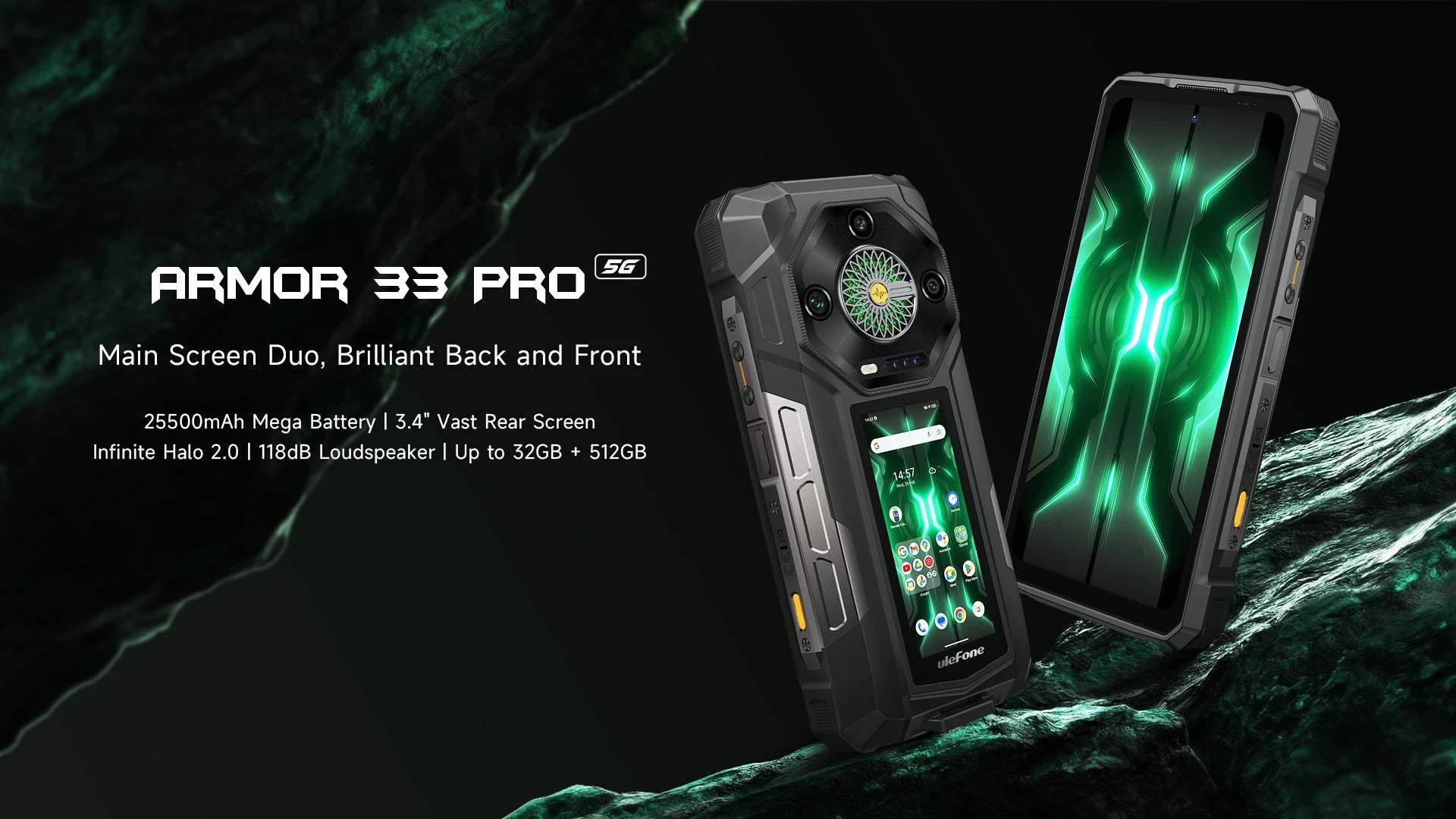 Ulefone Armor 33 Pro 5G Rugged Phone 25500 mAh 512GB ROM 120Hz 6.59”3.4" Rear Screen NFC Android Smartphone