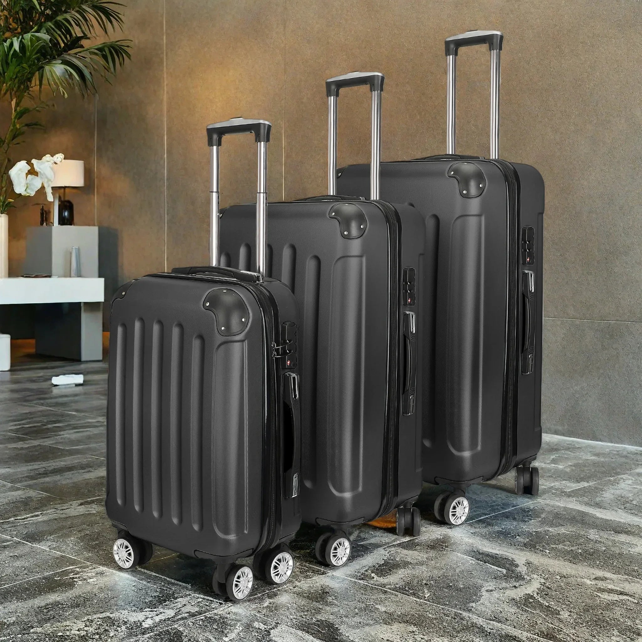 Comanlai 3Pcs Rolling Luggage Sets, Black Hard-shell Suitcases, Classical Striped Design, with 360° Universal Wheels, TSA Lock and Telescopic Handle,  for Business Outdoor Travelling