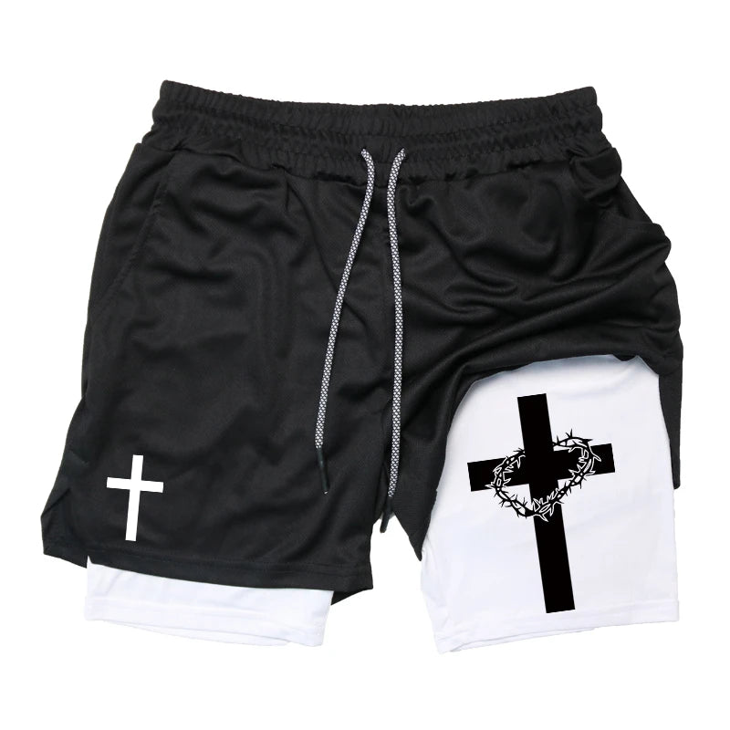 Print 2 in 1 Running Workout Shorts for Men Christian Gym Athletic Performance Shorts with Phone Pocket Towel Loop Activewear