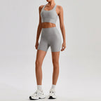 Buttery Soft Nylon Yoga Set Crisscross Back Sports Bra High Waist Biker Shorts 2 Piece Gym Set Workout Outfit Women Activewear