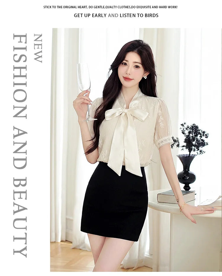 Blouses Shirts Women Blouse Shirt New Summer Bow Collar Embroidery Blouse Shirt Women Tops Short Sleeve Blusas Para Mujer Q4102