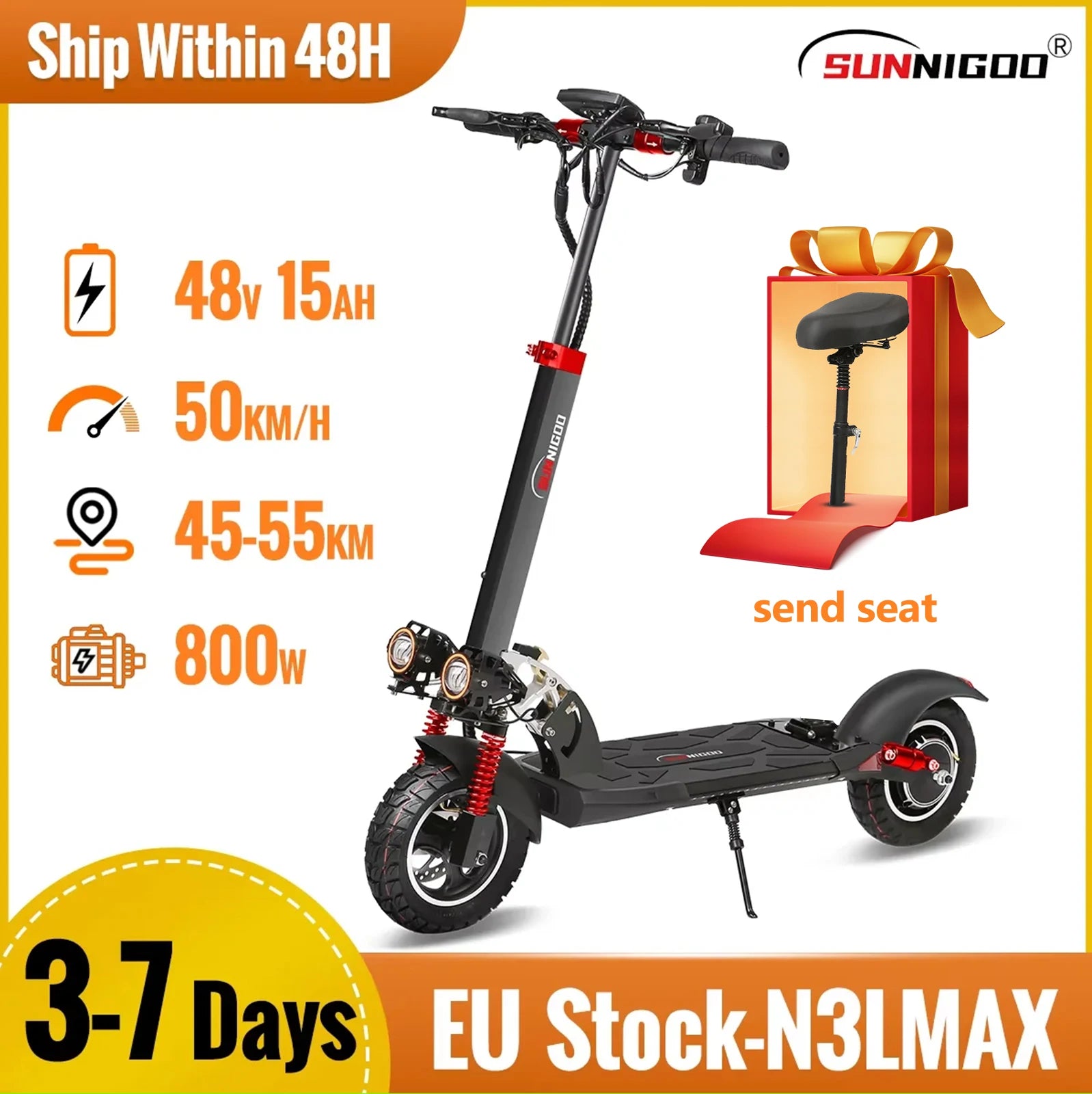Electric Scooter 800W Motor 48V13AH Battery Send Removable Seat E-Scooter Adult 10" Tire City Commuter All-Terrain Fold Scooters Main image