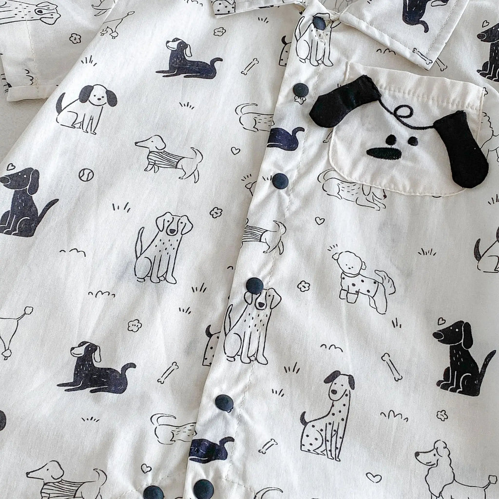 0-2Y Summer Baby Boy Clothes Full Of Dog Print Single Breasted Toddler Rompers Short Sleeve Cute Baby Boy Outfit