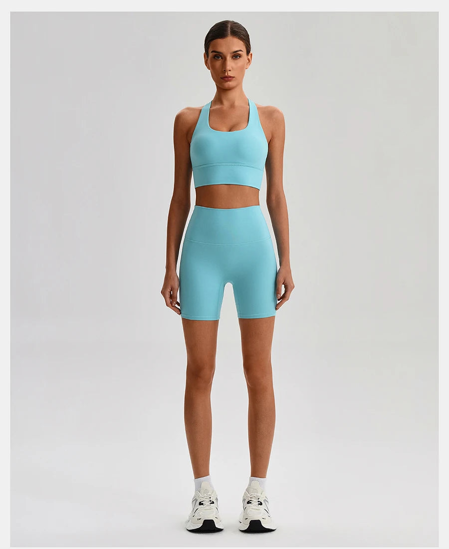 Buttery Soft Nylon Yoga Set Crisscross Back Sports Bra High Waist Biker Shorts 2 Piece Gym Set Workout Outfit Women Activewear