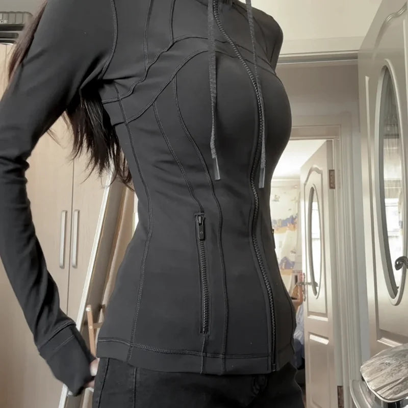 Women's hooded breathable outdoor running fitness yoga suit, woolen cardigan long sleeved top