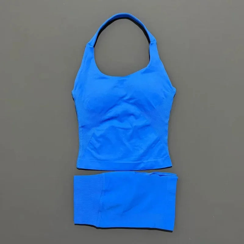 2pcs Sports Set Women Backless Tank Tops High Waist Scrunch Seamless Shorts Fitness Clothes Activewear Workout Sets Gym Suit