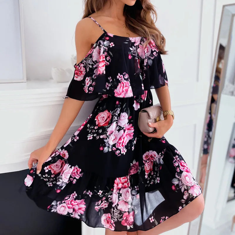 Women's Summer V-Neck Sleeveless Sling Camisole Commuting Printed Chiffon Bohemian Floral Dress For Women Main image