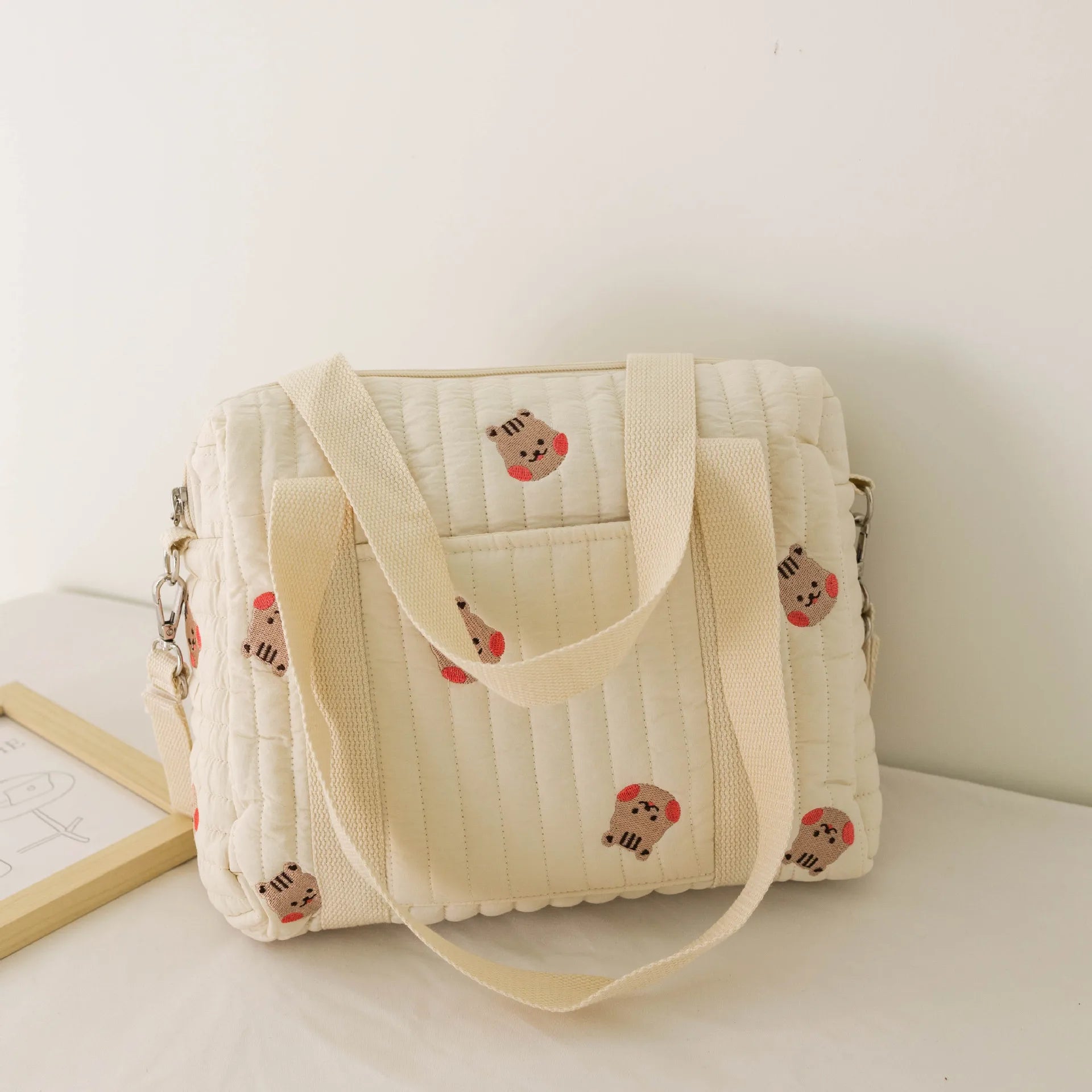 Cute Bear Baby Stroller Nappy Bag Korea Embroidery Cotton Mommy Bag Soft Maternity Shoulder Pack Portable Baby Diaper Organizer
