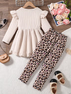 Spring Autumn Girls Cute Fashion Casual Clothing Apricot Knitted Ruffle Long Sleeve Top+Cartoon Full Print Elastic Waist Casual Pants Set