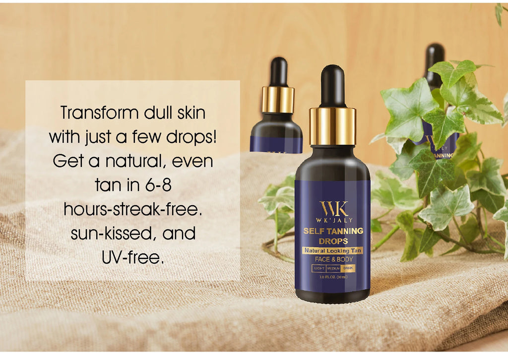 WK JALY Dark Self Tan Drops, Natural Self Tanner, Face & Body Glow with DHA, Carrot Oil, Aloe, Buildable, Streak Free Tan, Vegan
