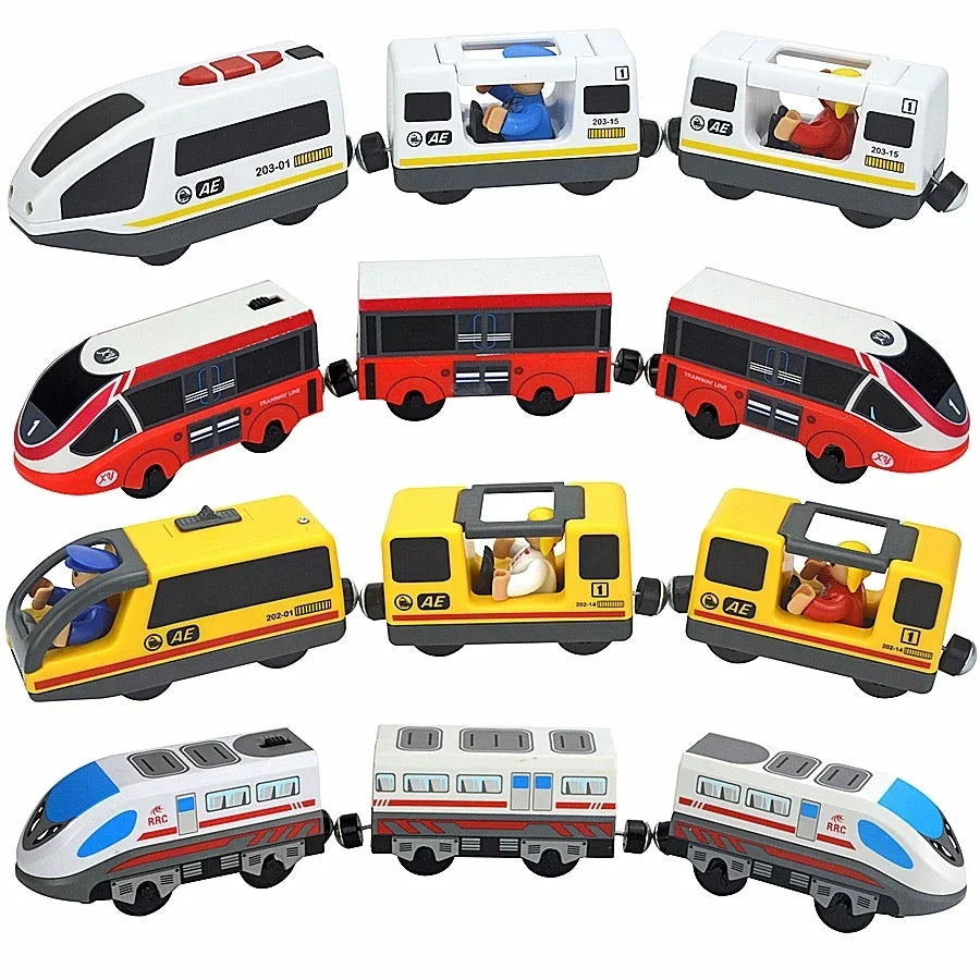 Magnetic Electric Train Car Locomotive Wooden Track Slot Diecast Railway With Two Carriages Train Wood Kid Toy Biro Leduo Track