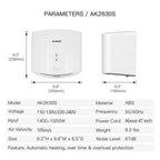 AIKE Bathroom Hands Dryer Wall Mounted Automatic High Speed Hands Dryer Commercial Smart Sensor Hands Drying Machine AK2630S