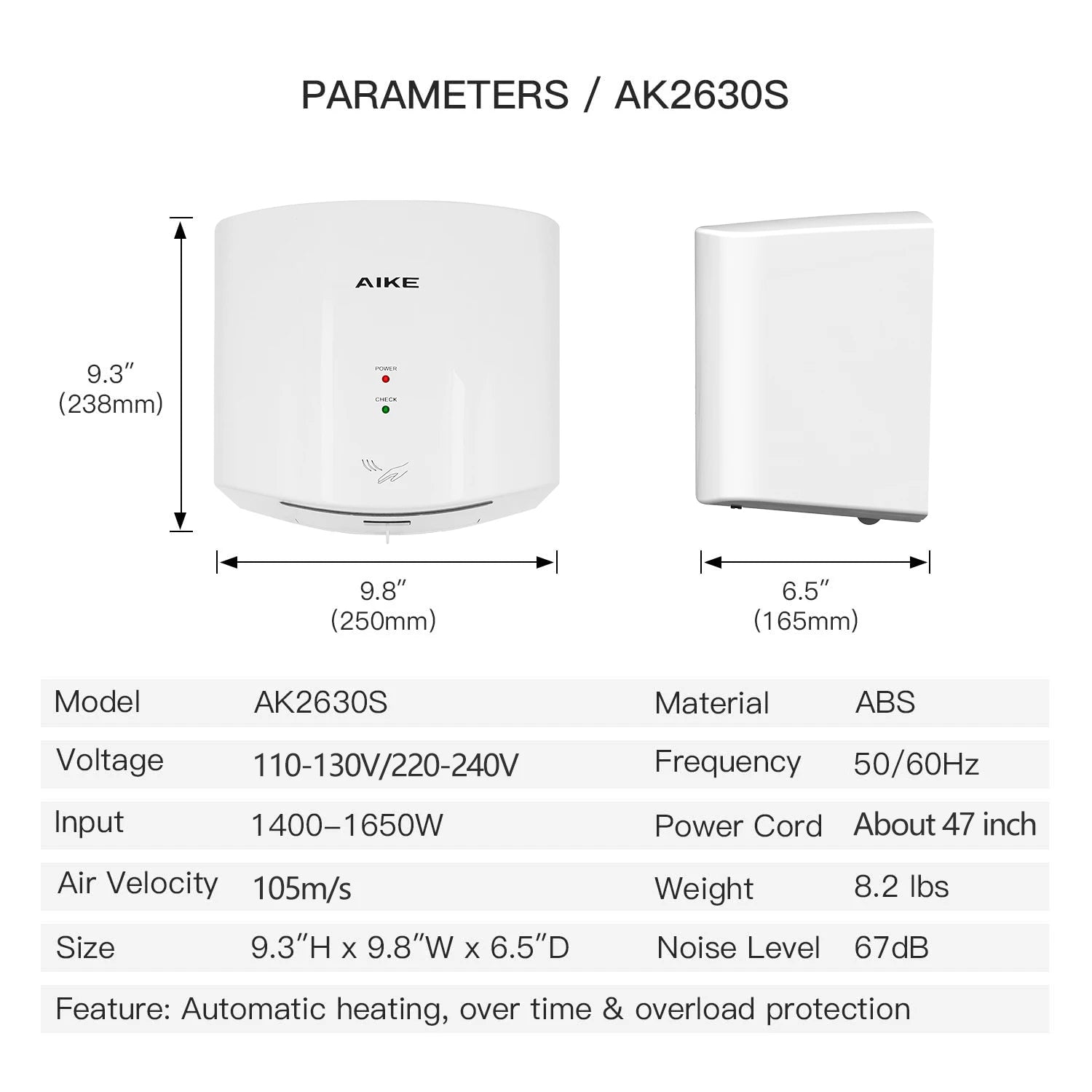 AIKE Bathroom Hands Dryer Wall Mounted Automatic High Speed Hands Dryer Commercial Smart Sensor Hands Drying Machine AK2630S