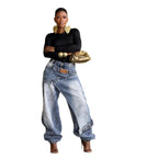 Jeans Women Vintage Wide Leg Pants Denims Washed Streetwear Patchwork Patches Straight Trousers Distressed Floor Length 2026