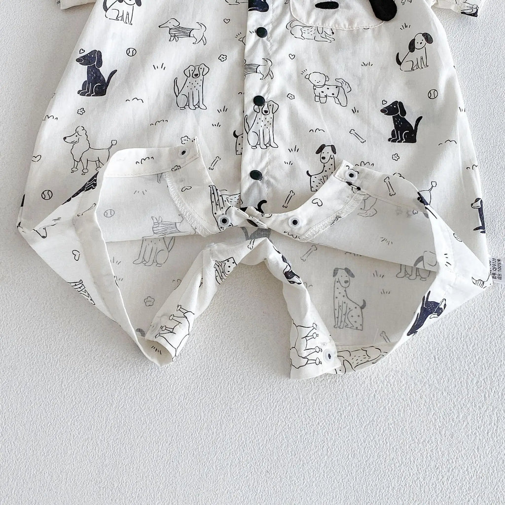 0-2Y Summer Baby Boy Clothes Full Of Dog Print Single Breasted Toddler Rompers Short Sleeve Cute Baby Boy Outfit