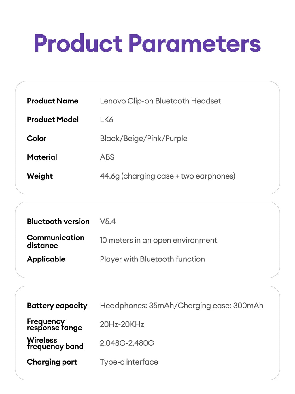 Lenovo LK6 Over Ear Wireless Bluetooth 5.4 Headphones Sound Quality Noise Reduction Ear Clip Earphones Long Endurance Earsets
