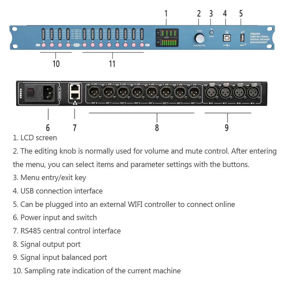 DP48X Professional Digital Audio Processor 4Input 8Output  Drive Rack Procesador With RIR DEQ 192KHZ Speaker Management System