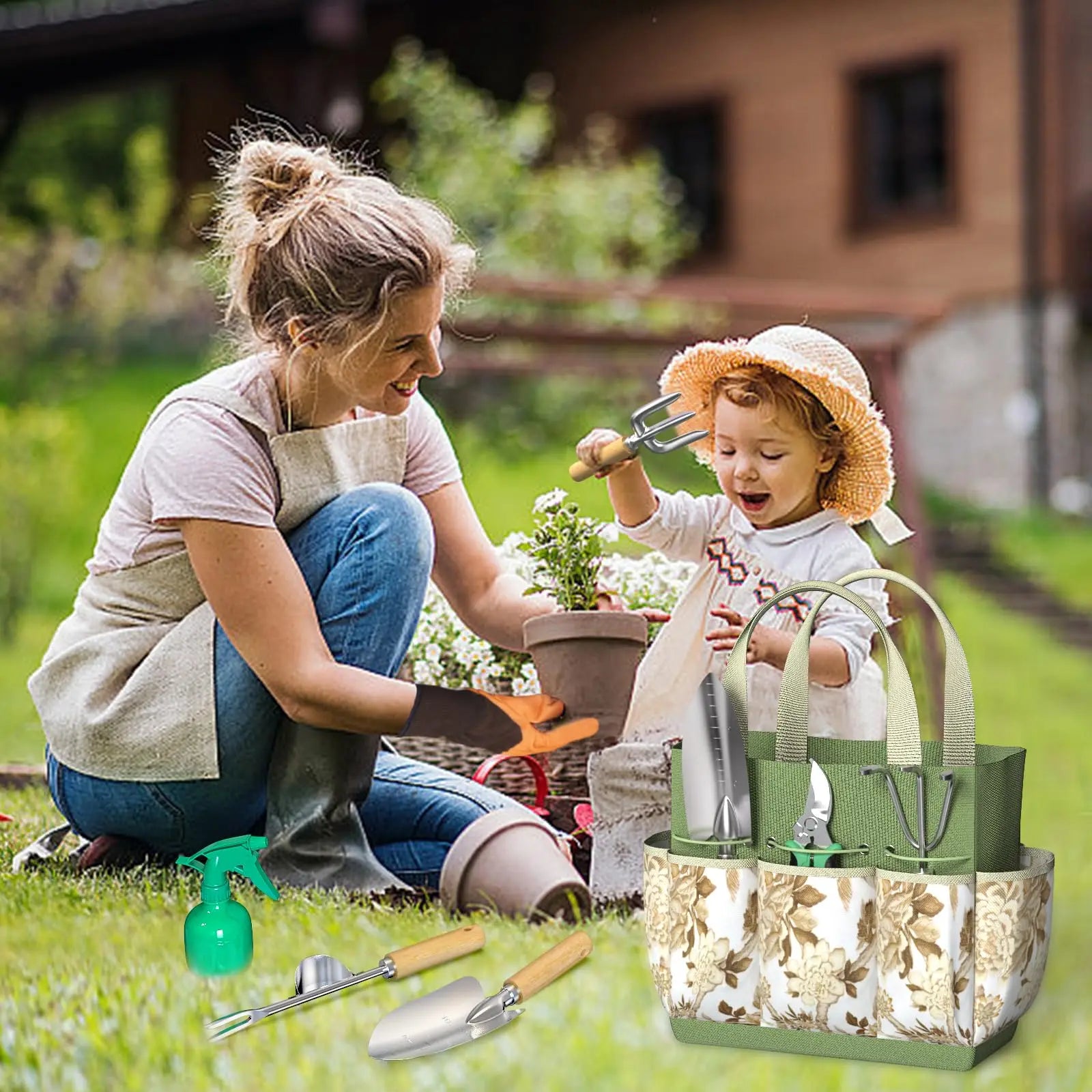 9 Piece Garden Weeding Tools Stainless Steel Gardening Tool Set with Wooden Handle, Weeder