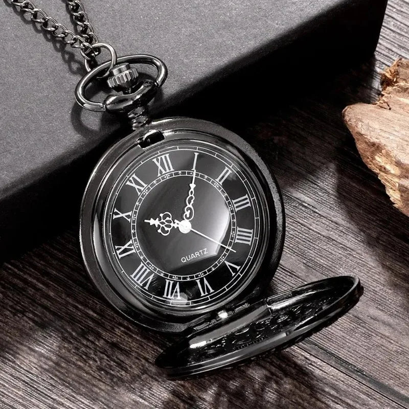 1pc Black Retro Hollow Gear Carved Quartz Pocket Watch Necklace Pendant Clock Chain Men Women Memorial Gift Main image
