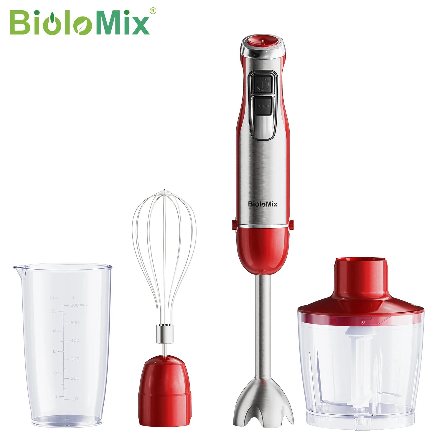 BioloMix 4-in-1 Hand Stick Blender, 1200W Stainless Steel - Immersion Mixer with Chopper Smoothie Cup Ice Blades for Baby Food