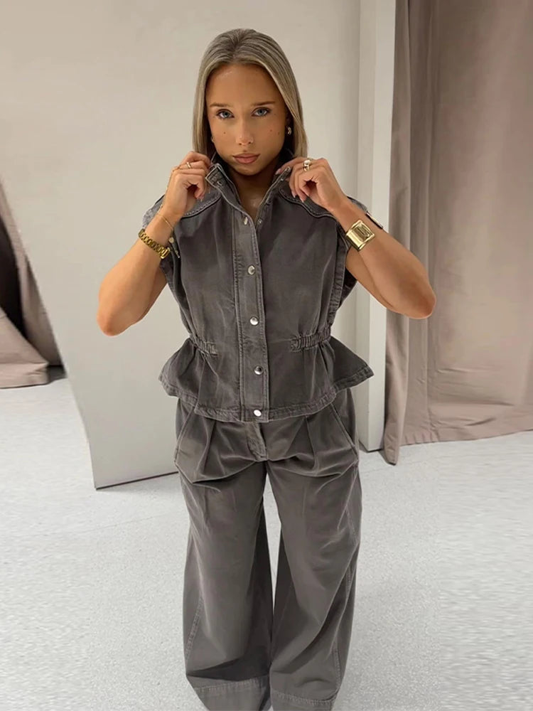Denim Vest Loose Long Pants Woman Set High Neck Single Breasted Waist Cinched Tops High Waist Trousers Chic Casual Lady New Sets