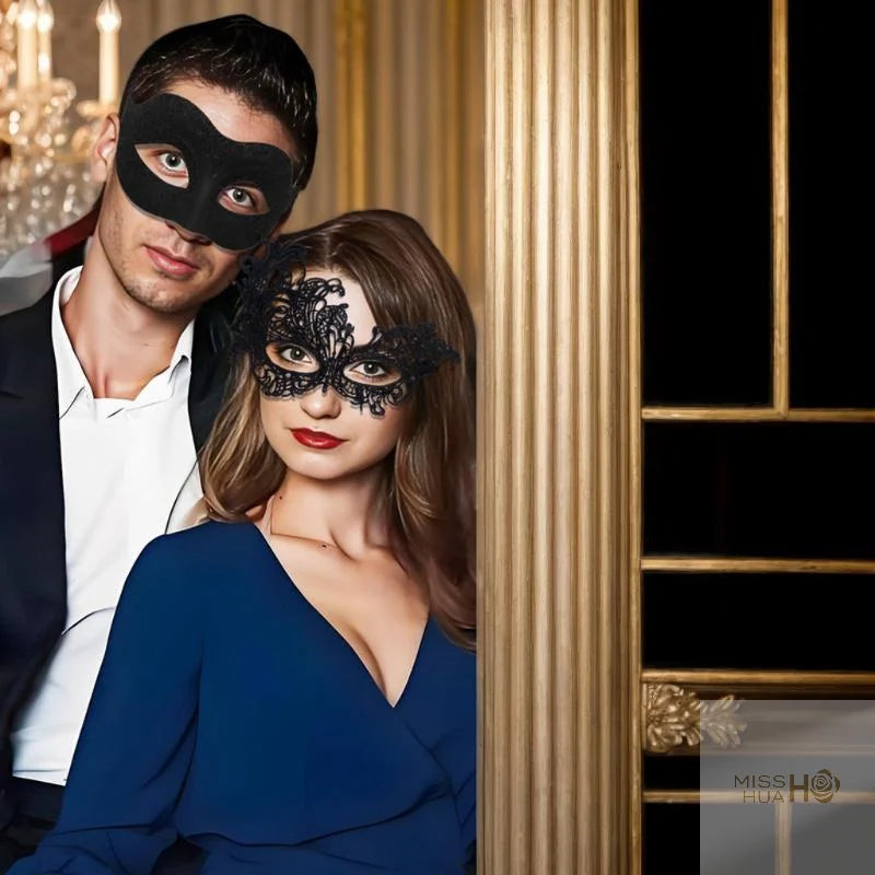 Set of 2, Couple's Elegant Black Lace Masquerade Masks for Costume Parties Main image