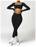 Hearuisavy Summer Casual Quick Dry Sportswear Women Square Neck Gym Top Women Fitness Sports Crop Top Long Sleeve Yoga Clothing