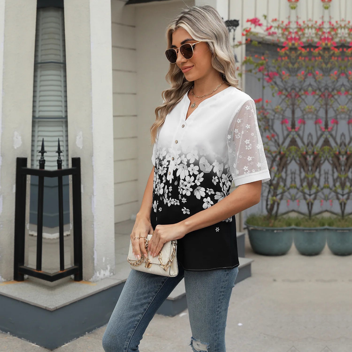 Summer Shirts Women Lace Patchwork Short Sleeve Blouse Flower Print Clothing Fashion Street Casual Daily V-Neck Button Tops 2025