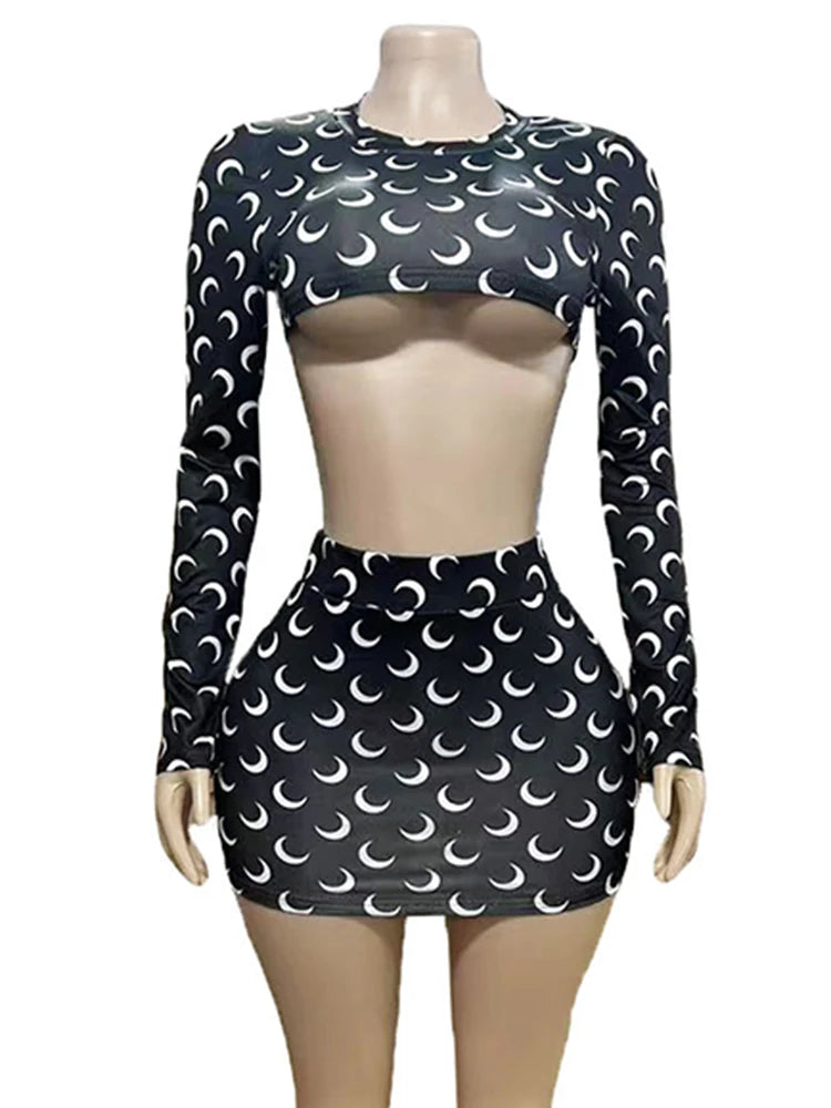 Fashion Two Piece Set Women Spring Autumn Outfit Long Sleeve Short Decor Top and Hip Short Skirt Casual Set