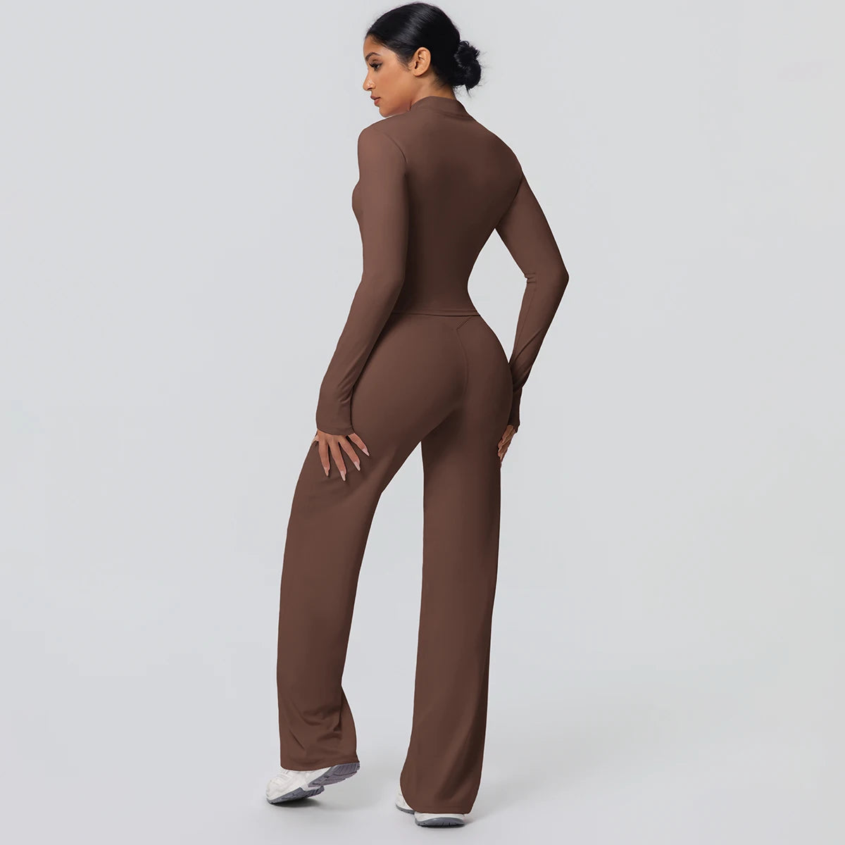 2pieces Quick Drying Sports Fitness Clothing Yoga Set Women Yoga Zipper Long Dleeves High Waisted Breathable Wide Leg Pants Set