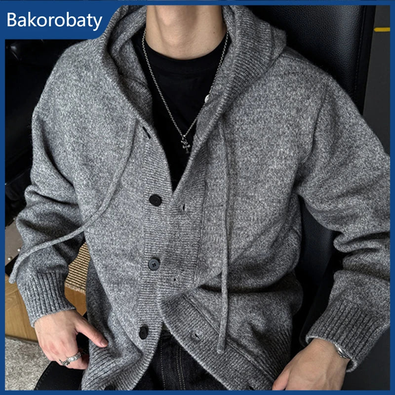 New Casual Luxury Hooded Knitted Cardigan For Man Korean Fashion Loose Button-up Sweater Y2K Vintage Streetwear Knitwear Coat Main image