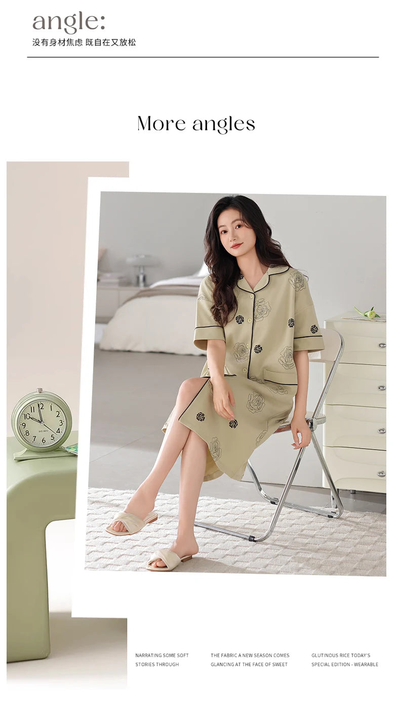 SUKAE Midi Nightdress M-5XL V-neck Bra Padded Botton Sleepshirt Plus Size Cotton Nightgowns Summer Women Short Sleeves Nightgown