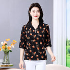 Summer half sleeve Shirt Fashion Commute All-match Ice Silk Printed Button Loose Women's Blouses Top