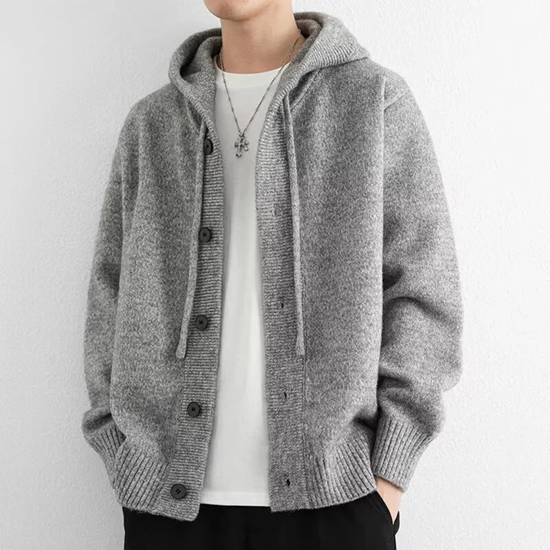 New Casual Luxury Hooded Knitted Cardigan For Man Korean Fashion Loose Button-up Sweater Y2K Vintage Streetwear Knitwear Coat