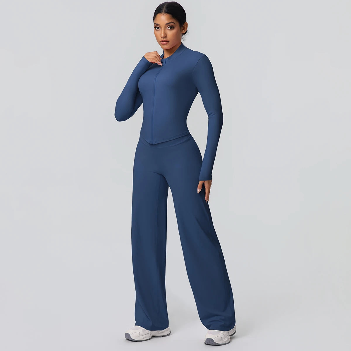 2pieces Quick Drying Sports Fitness Clothing Yoga Set Women Yoga Zipper Long Dleeves High Waisted Breathable Wide Leg Pants Set