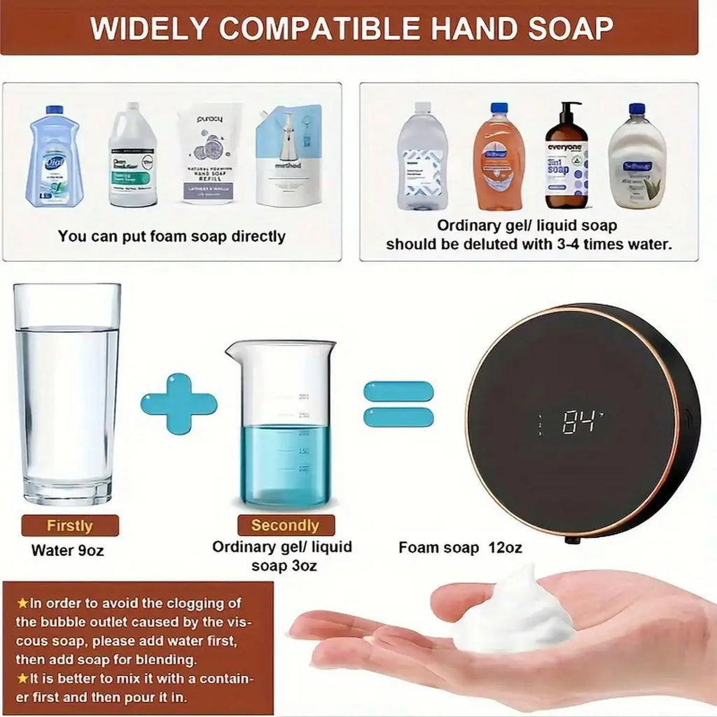 Automatic Foaming Soap Dispenser - Touchless Wall Mount, LED Temp Display, USB Rechargeable for Bathroom, Kitchen&Commercial Use