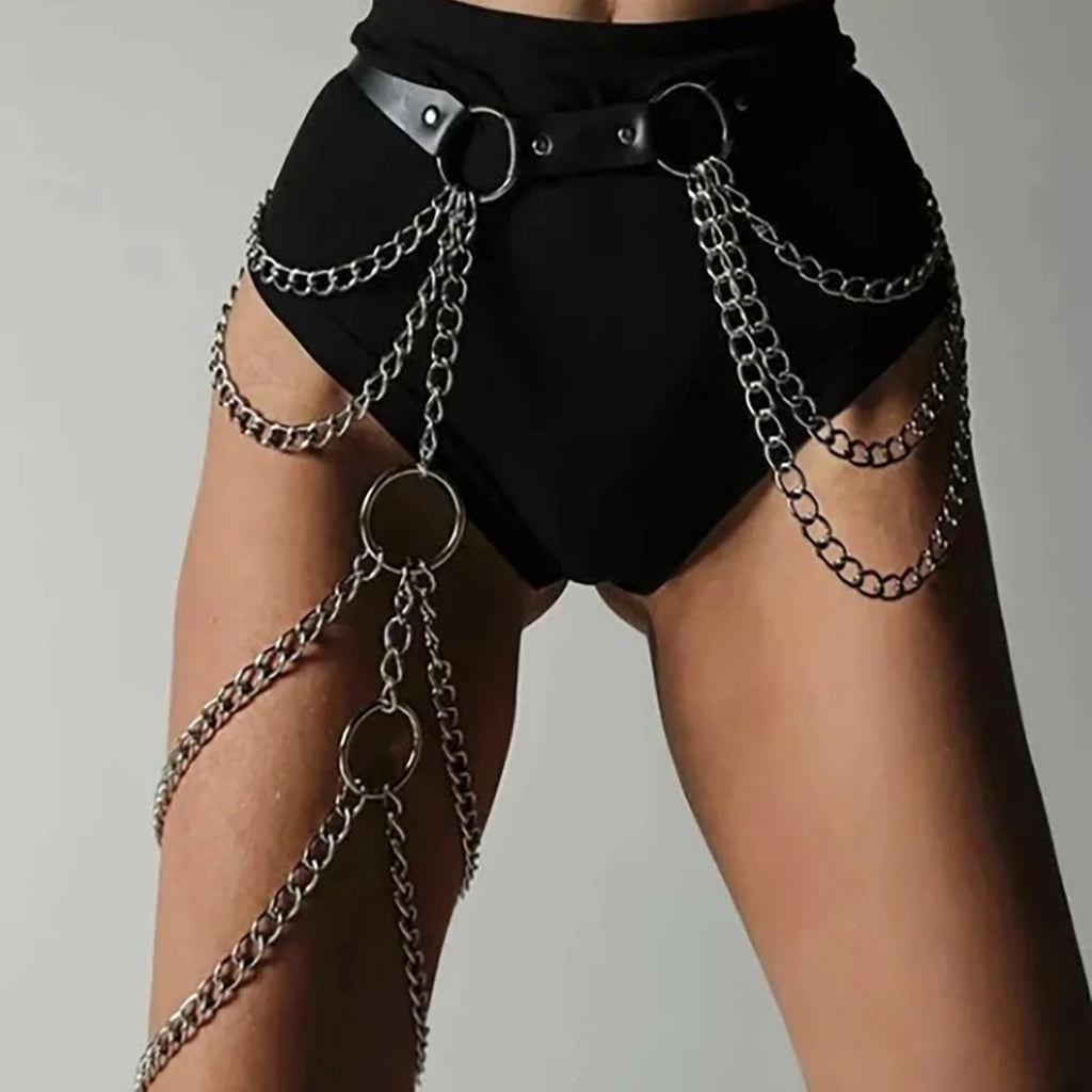 Gothic Punk Black PU Leather Belt with Fringe, Adjustable Harness Waist Chain for Women, Rockabilly Halloween Festival Accessory