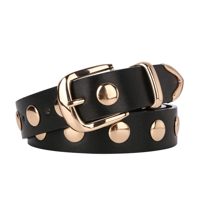 Women Fashion Leather Belt Studded Punk Black Belts for Jeans Dress Ladies Belt with Gold Buckle Adjustable Waist Belt