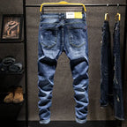 American Elastic Straight Jeans Men Ripped Worn-out Slim-fit Cotton Denim Pants Korean Style Fashion Blue Black Men's Clothing